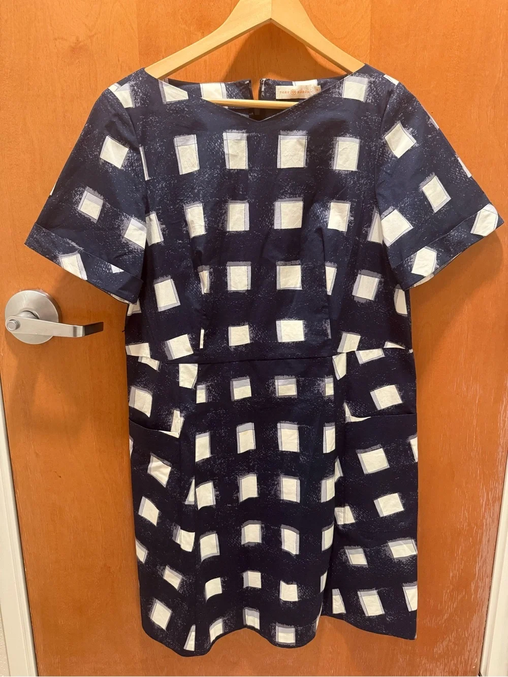 Tory Burch 10 Navy White Square Print Tie Waist Mini Dress Watercolor Geometric